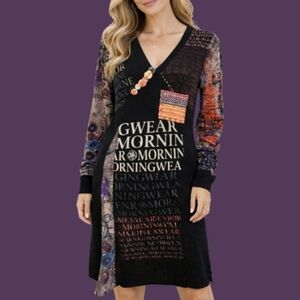 FARINELLI 1990s Black Graphic Artsy Abstract V-Neck Grunge Sweater Dress